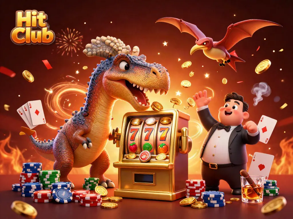 Hit Club reveals a jackpot celebration with dinosaur characters in a vibrant casino scene.