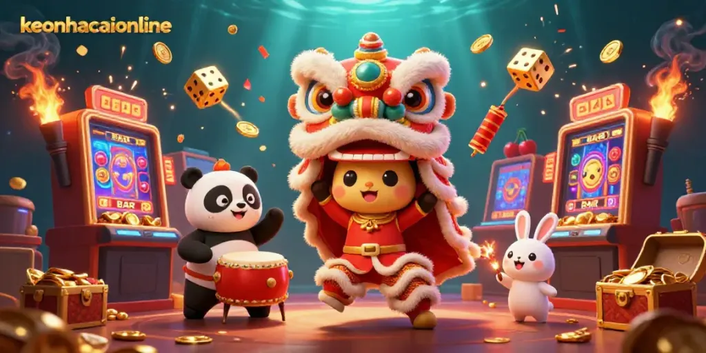 Experience exhilarating action with keonhacaionline's festive 3D illustration of casino fun.