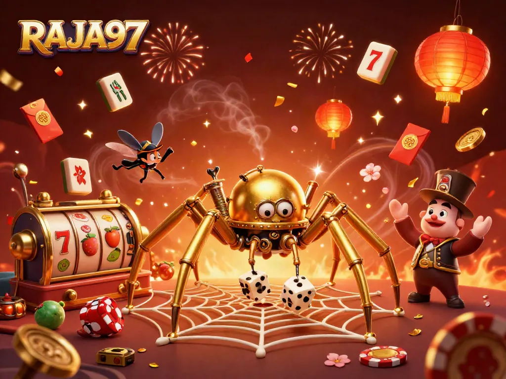Engaging illustration of RAJA97 showcasing a golden spider and a fly gentleman amidst slot reels.
