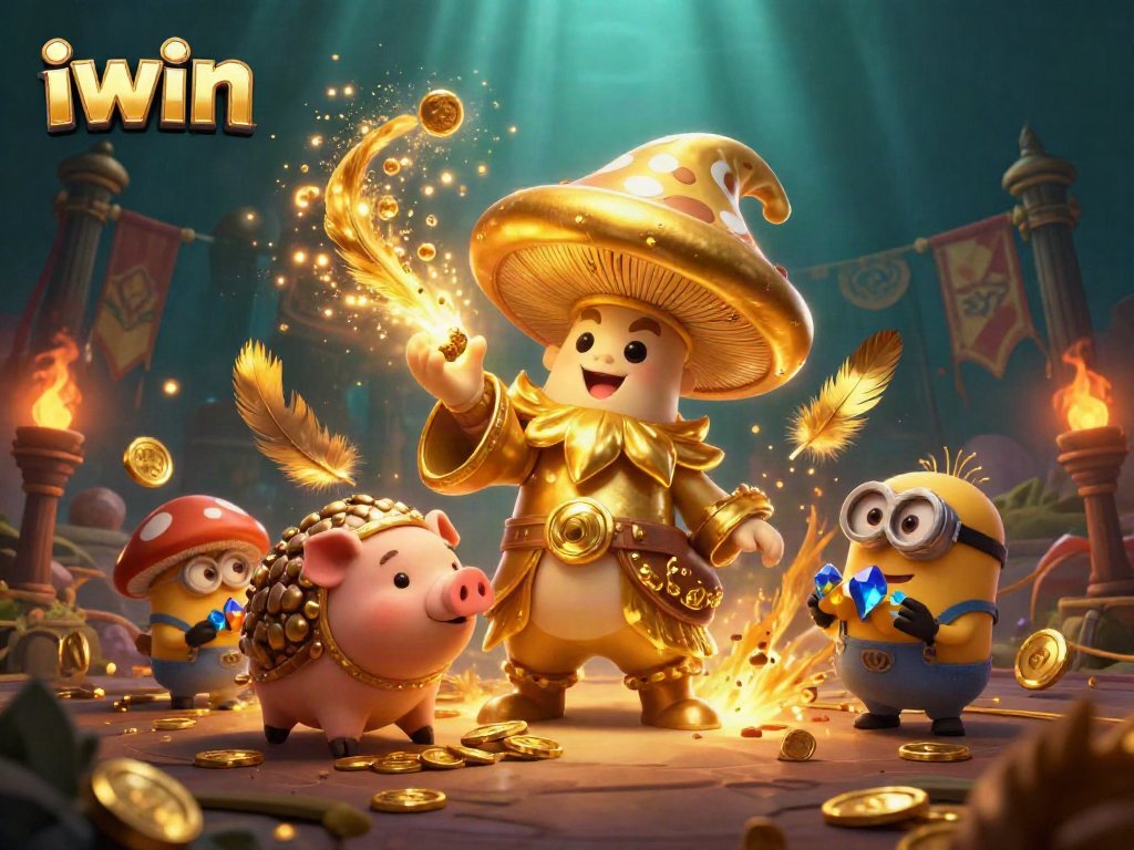 Spin and win at iwin with enchanting characters collecting gold coins amidst magical scenes.