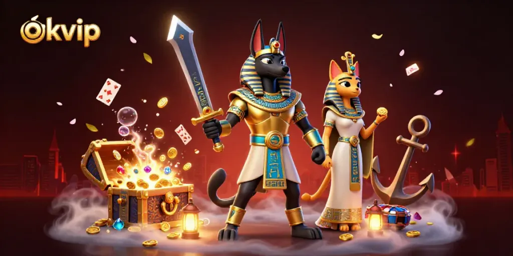 Experience the thrill of okvip gaming in a vibrant 3D casino scene featuring Anubis and Bastet.
