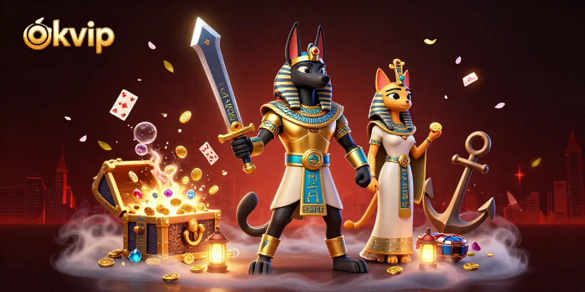 Experience the thrill of okvip gaming in a vibrant 3D casino scene featuring Anubis and Bastet.