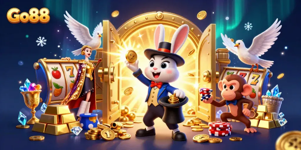 Experience winning moments with Go88 as a magician rabbit conjures coins amidst casino excitement.