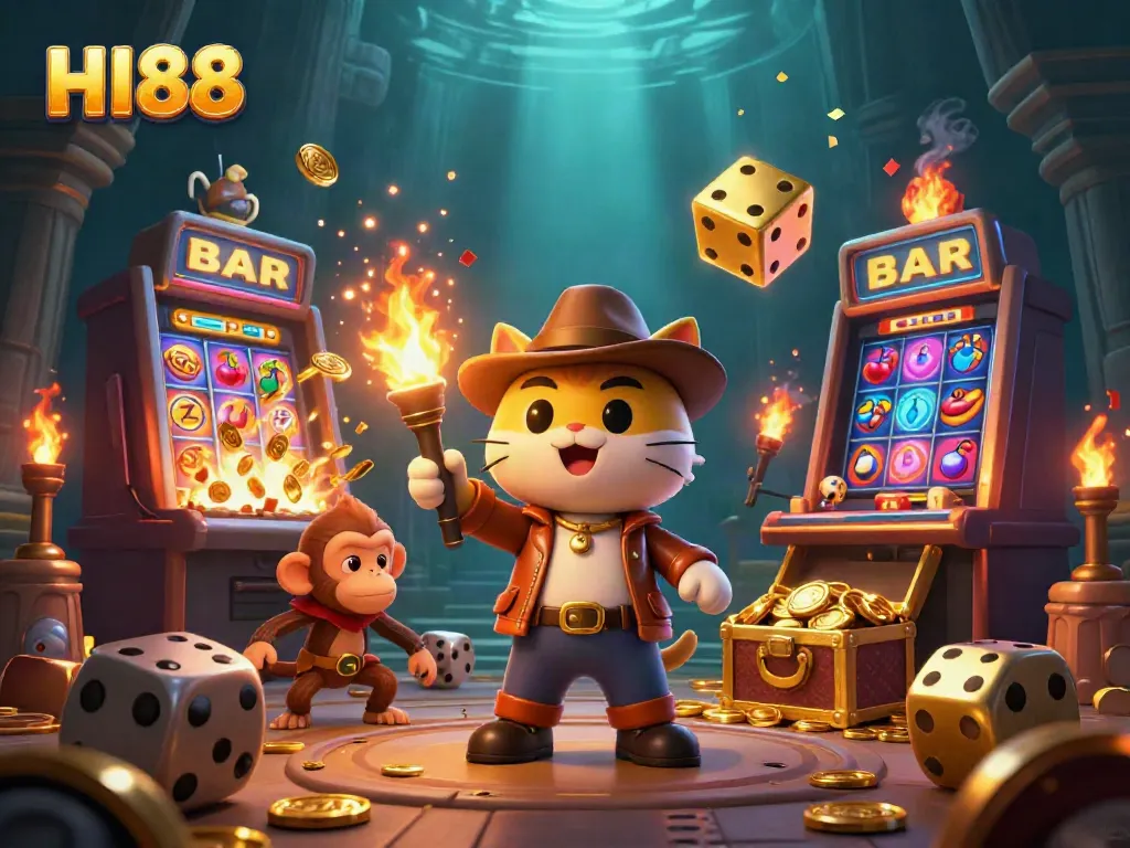 Experience the thrill of HI88 with a playful archaeologist cat and monkey discovering casino treasures.