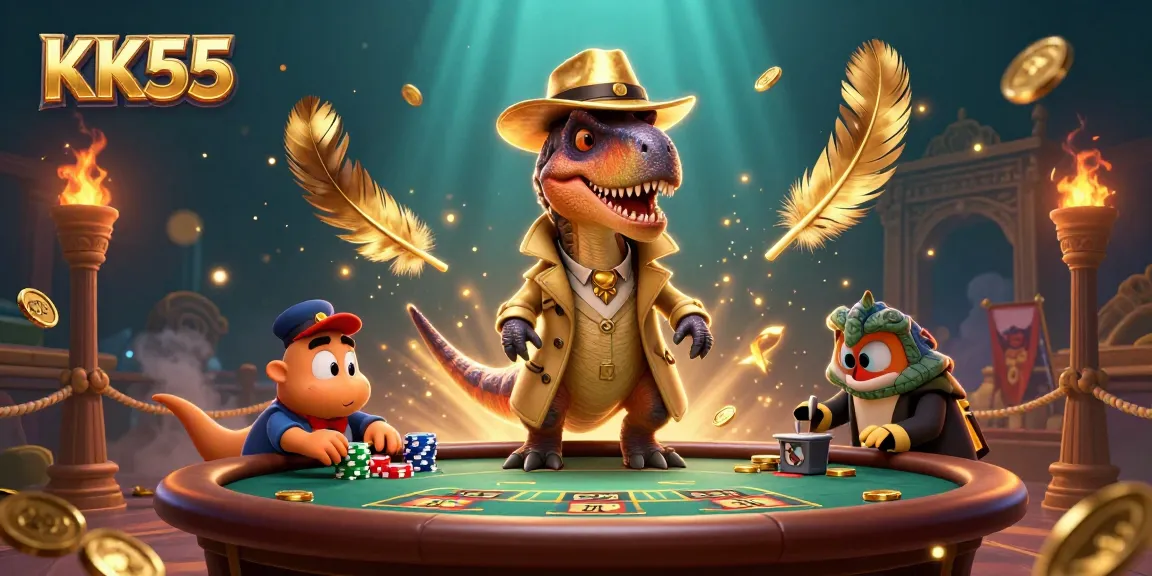 Watch the 3D velociraptor card counter interact with casino elements at KK55, amidst vibrant gaming action.