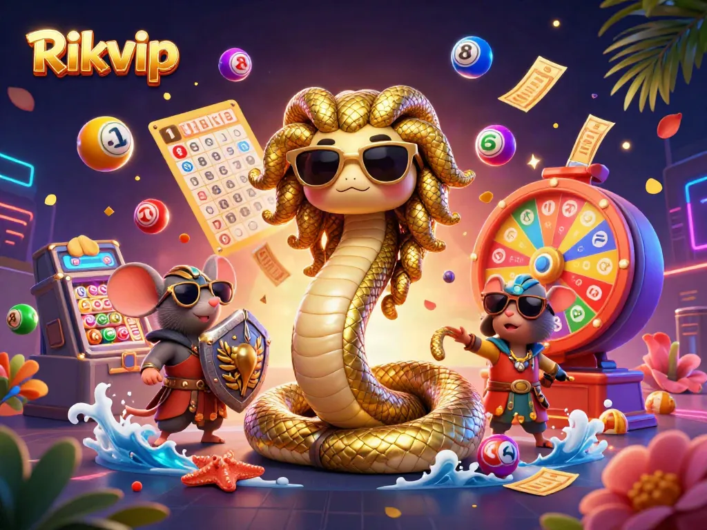 Experience thrilling games at Rikvip with vibrant lottery elements and dynamic characters in a lively casino setting.