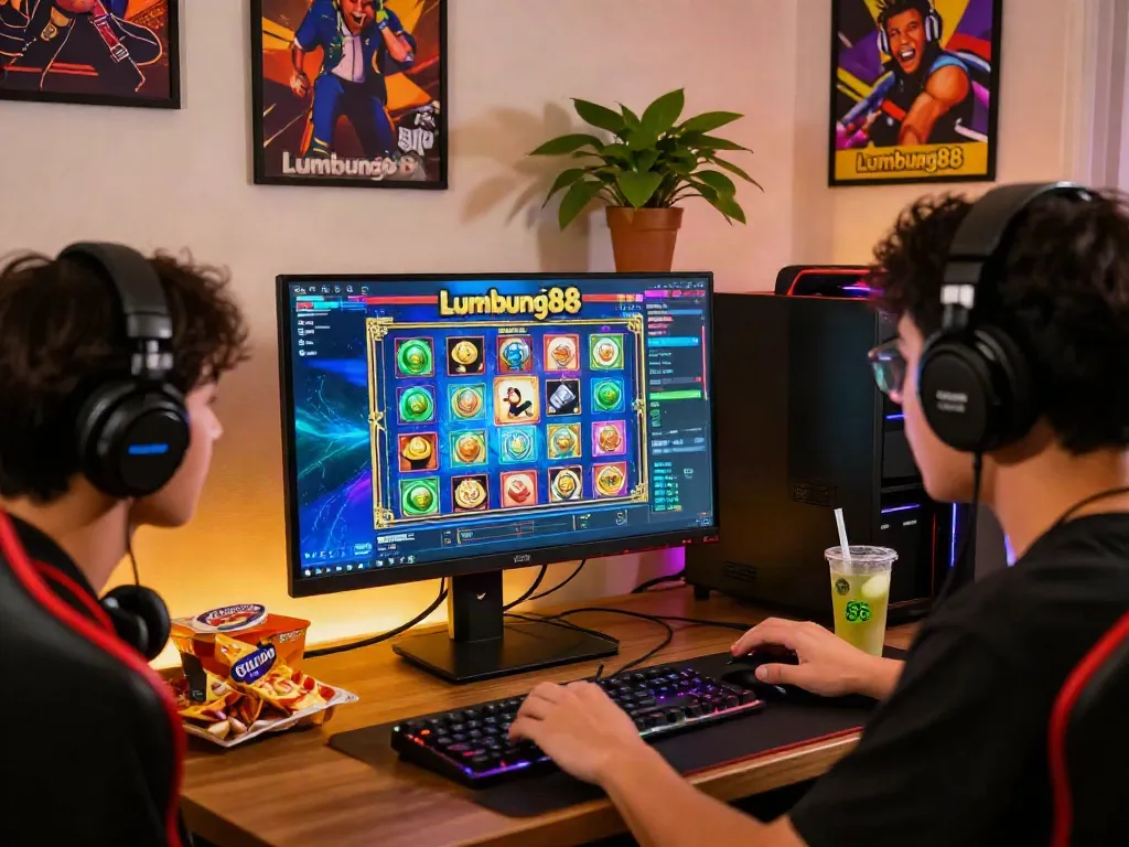 Exciting gaming scene featuring Lumbung88 slot game on a vibrant desktop setup, cozy ambiance.