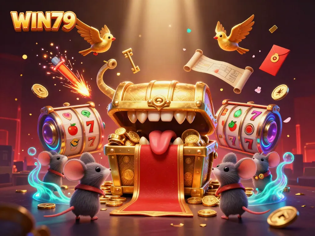 Engage with WIN79's thrilling 3D casino scene featuring treasure and exciting game elements.