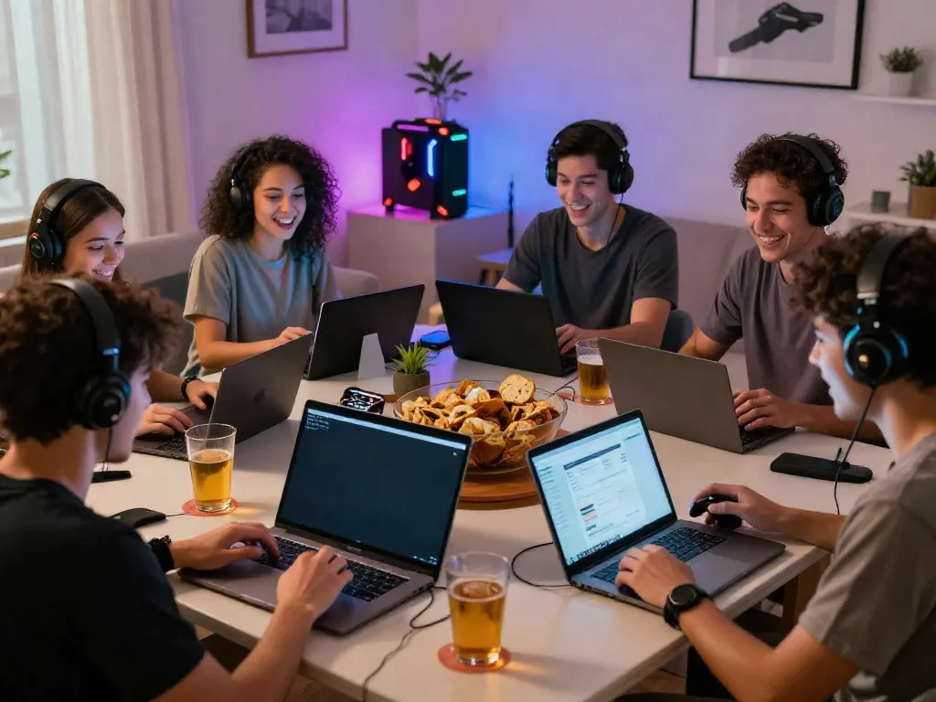 Diverse group enjoying online gaming with da88 excitement in a cozy living room.