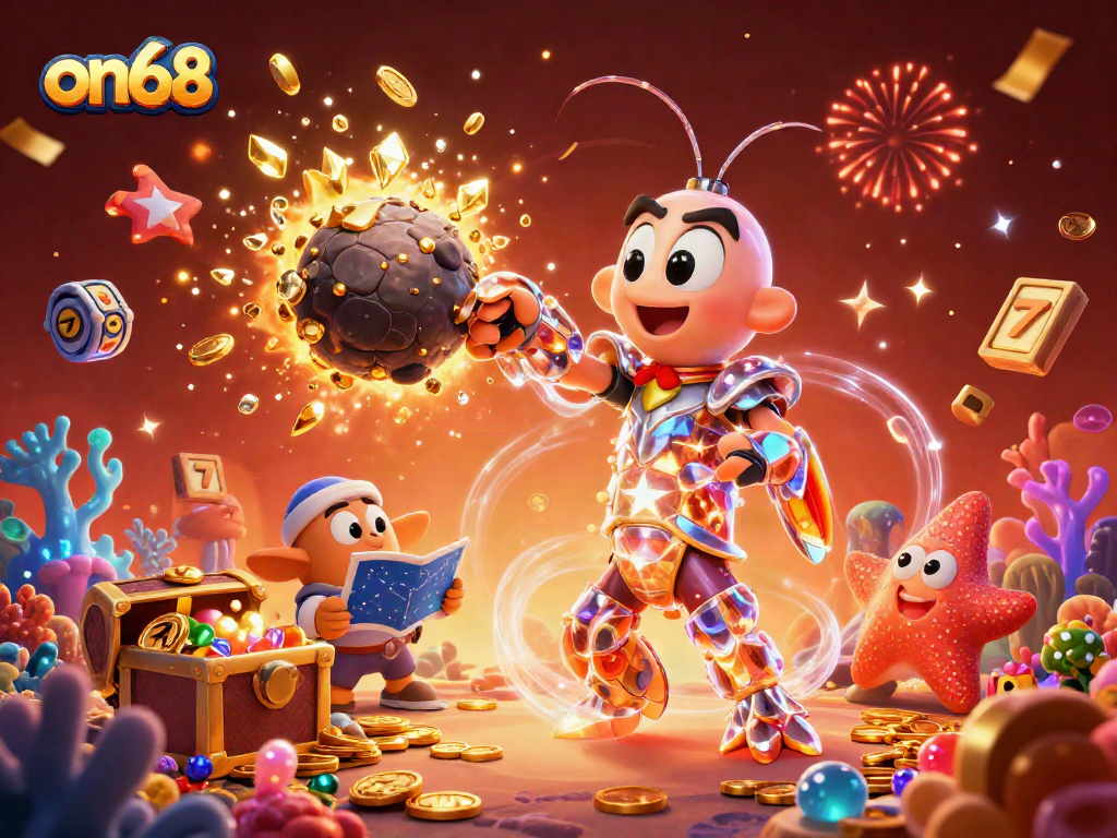 Engage with thrilling slots and jackpots at on68 with a vibrant casino scene and dynamic characters.