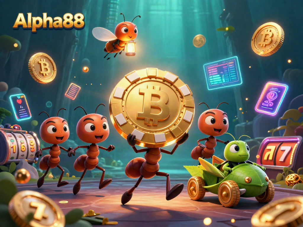 Engage with Alpha88 through a thrilling heist scene featuring ants, crypto elements, and slot games.
