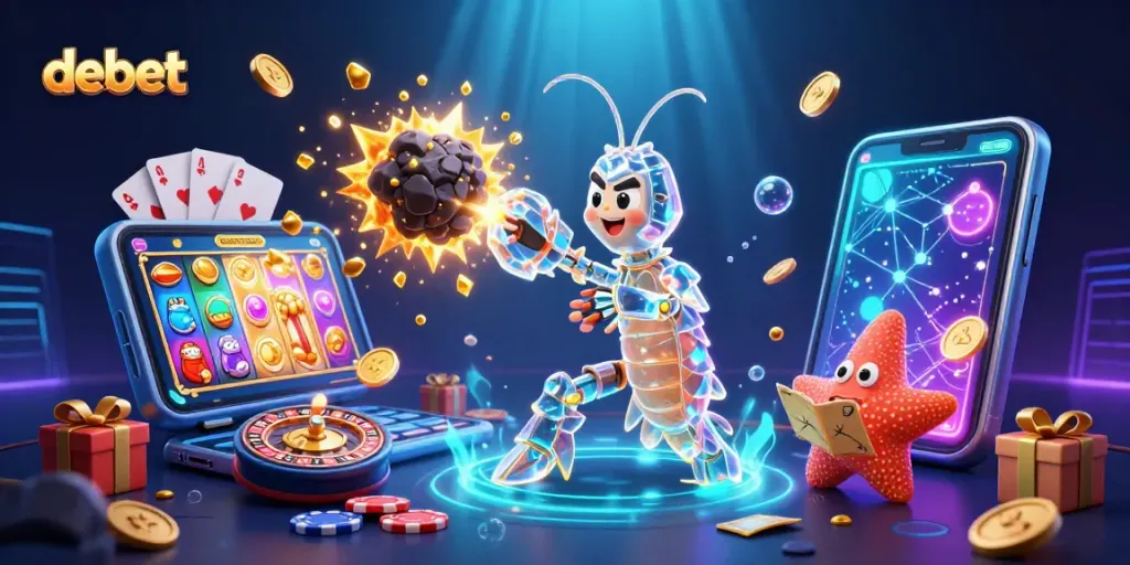 Engage in thrilling gameplay with debet in this vibrant galactic casino adventure scene featuring a mantis shrimp hero.