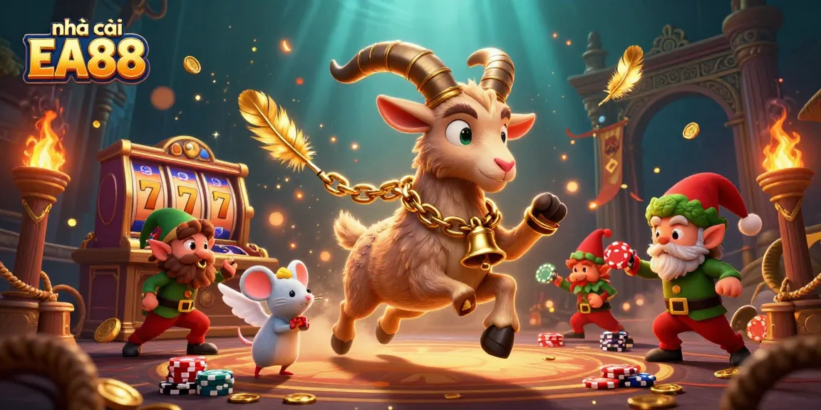 Experience thrilling action at nhà cái EA88 with a festive casino scene featuring animated characters and vibrant slots.