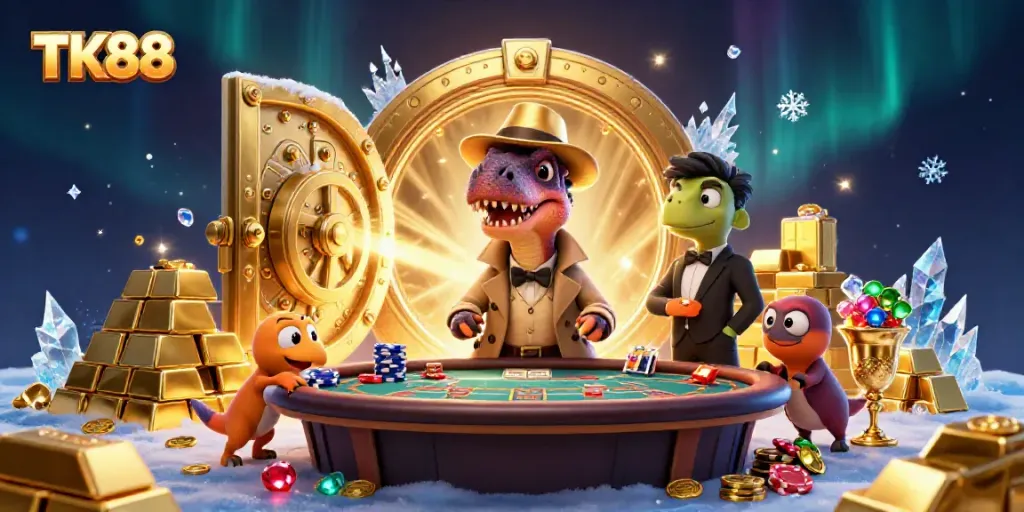 Experience thrilling gameplay at TK88 with a velociraptor card counter at a bustling blackjack table.