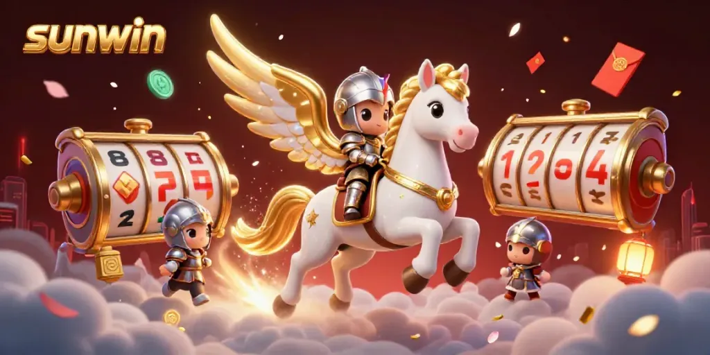 Engage with thrilling gaming experiences on Sunwin featuring a celestial horse, slot reels, and vibrant casino elements.