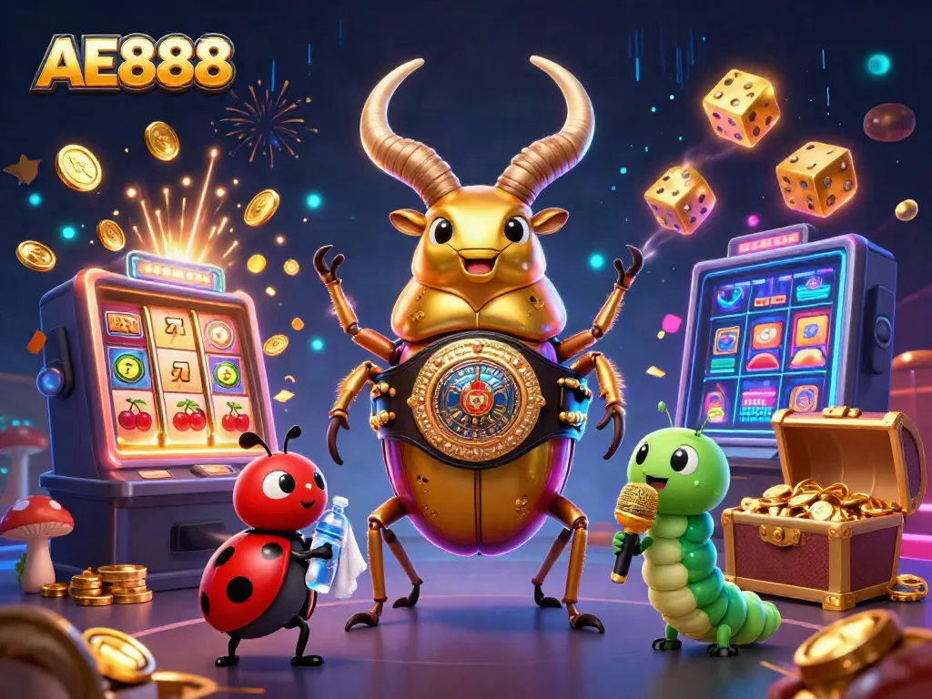 Engage in thrilling gaming with AE888 in this energetic casino scene featuring vibrant characters and games.