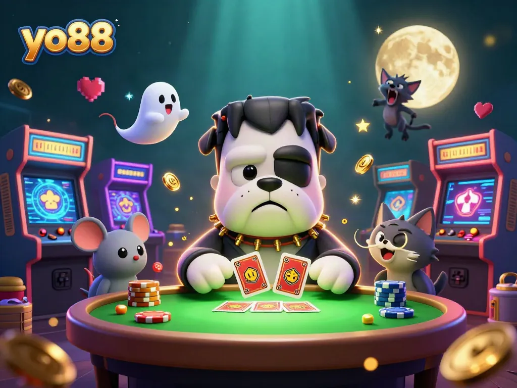 Experience the excitement of yo88 as a cartoon bulldog deals cards at a haunted casino table.