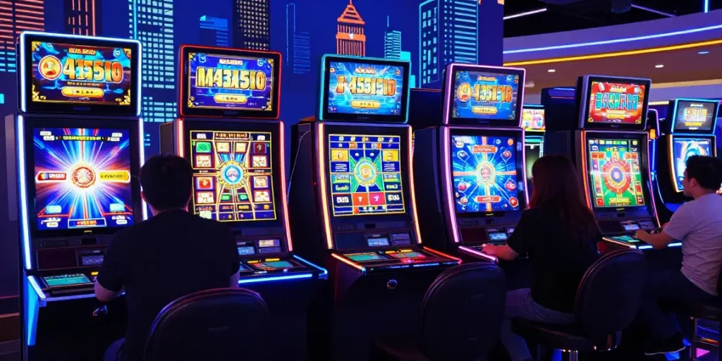 Antarmuka bandar togel online dengan pemain yang terlibat dalam permainan interaktif dan latar belakang kota digital yang cerah.