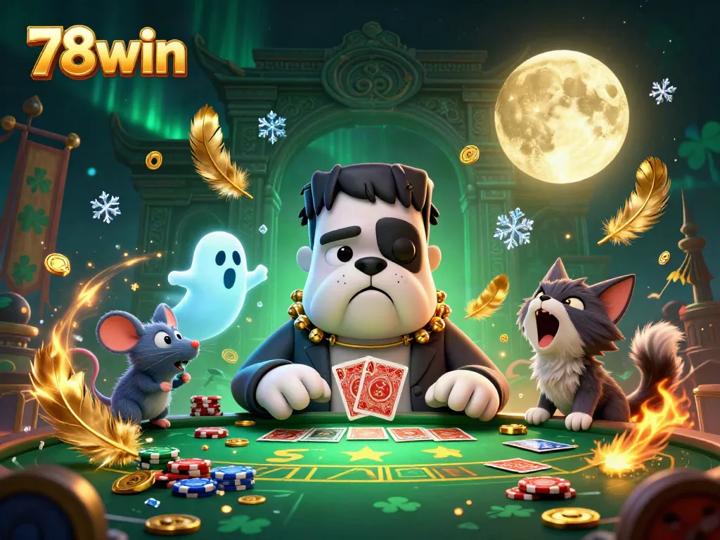 Engage with the thrill of 78win as a cartoon bulldog dealer entertains at a haunted casino table.