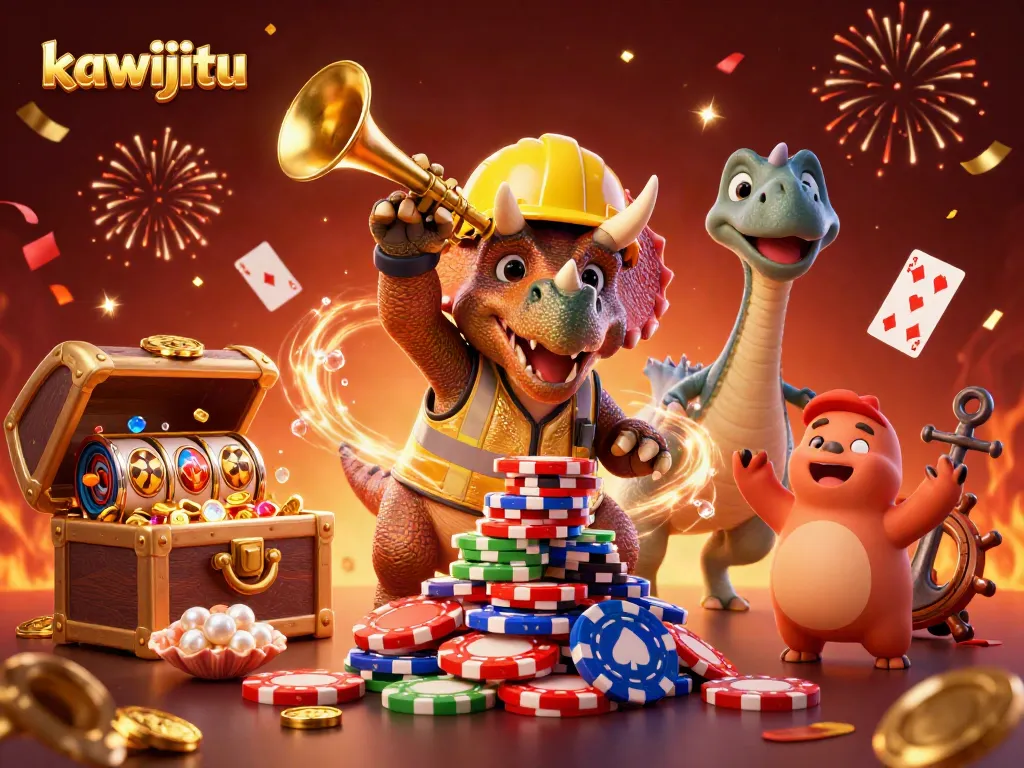 Kawijitu memicu kegembiraan dengan dinosaurus merayakan di kasino virtual dan tumpukan chip poker.