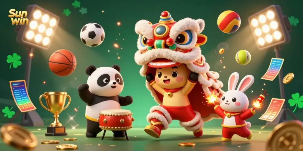 Experience the excitement of Sun win with a festive 3D lion dance, dynamic game elements, and gold accents.