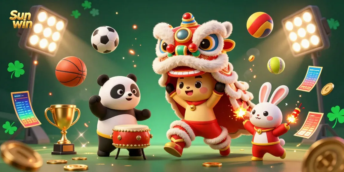 Experience the excitement of Sun win with a festive 3D lion dance, dynamic game elements, and gold accents.