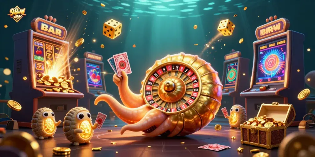 Engage in thrilling games at 98WIN with a vibrant scene of a giant nautilus as a roulette wheel.