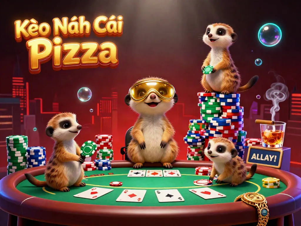 Experience Kèo Nhà Cái Pizza in this vibrant 3D meerkat casino scene, highlight of colorful poker action.