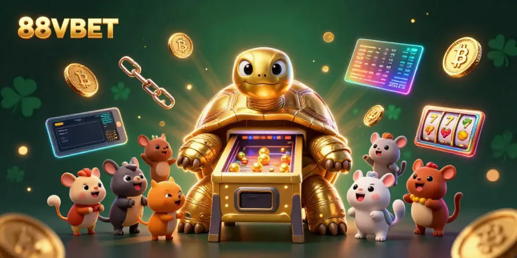 Experience excitement at 88VBET with a dynamic casino scene featuring a golden tortoise pinball machine.