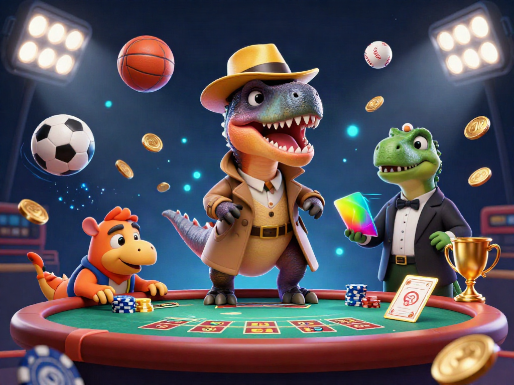 Engage in thrilling gaming at Sunwin with a 3D cartoon velociraptor card counter and friends at a virtual blackjack table.