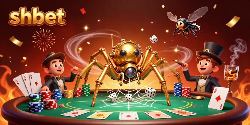 Experience thrilling gameplay at SHBET with a steampunk spider catching lucky dice in a vibrant casino.