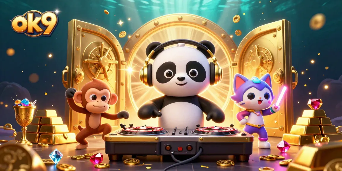 Spin to win with ok9: 3D casino-themed illustration featuring a DJ panda, breakdancing monkey, and glowing kitten.