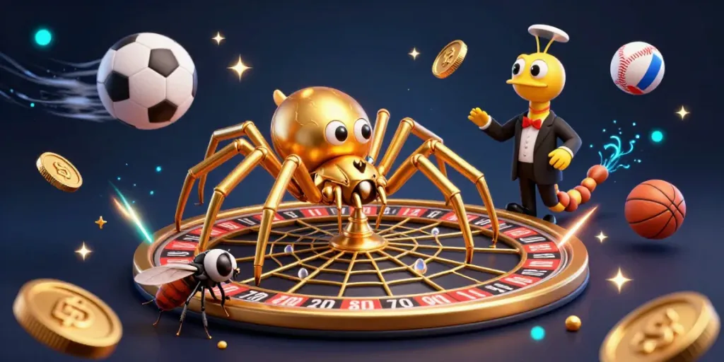 Bet with lit elements in an ultra-detailed casino-themed 3D illustration filled with vibrant characters and sports.
