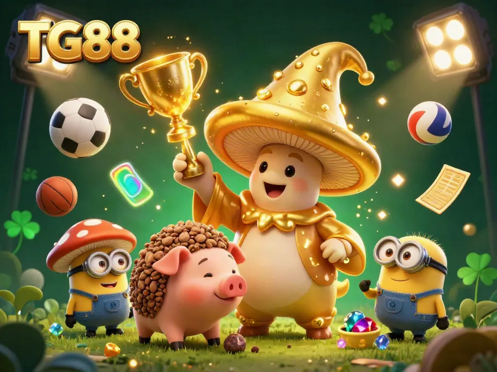 Experience winning at TG88 with a magical 3D scene featuring a golden mushroom wizard, sports elements, and treasure.