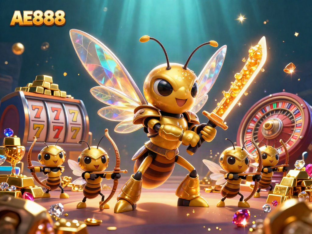 Engage with AE888 in a vibrant digital casino scene featuring a golden samurai hornet and bee archers amidst treasure.