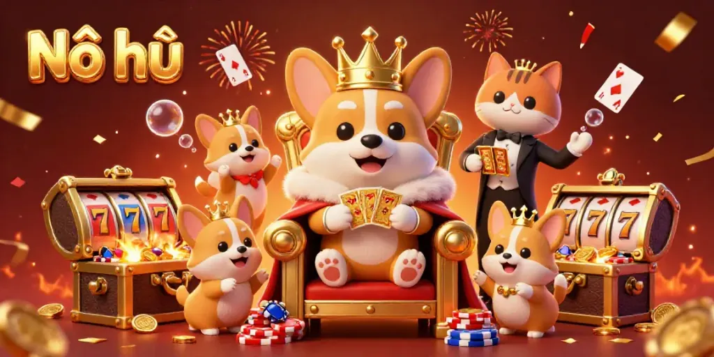 Nổ hũ character illustration featuring a royal corgi in a golden crown and poker chips.
