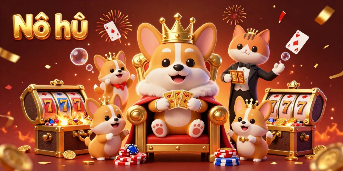 Nổ hũ character illustration featuring a royal corgi in a golden crown and poker chips.