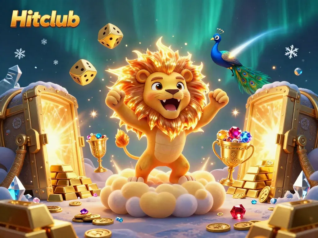 Hitclub's dynamic gaming adventure, featuring a roaring sun lion and golden dice amidst treasures.