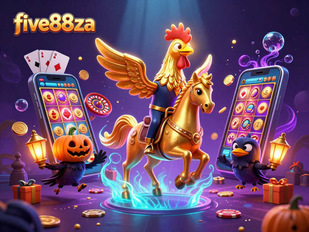Experience the vibrant action of five88za's fantasy casino illustrated with a golden rooster in a stunning digital scene