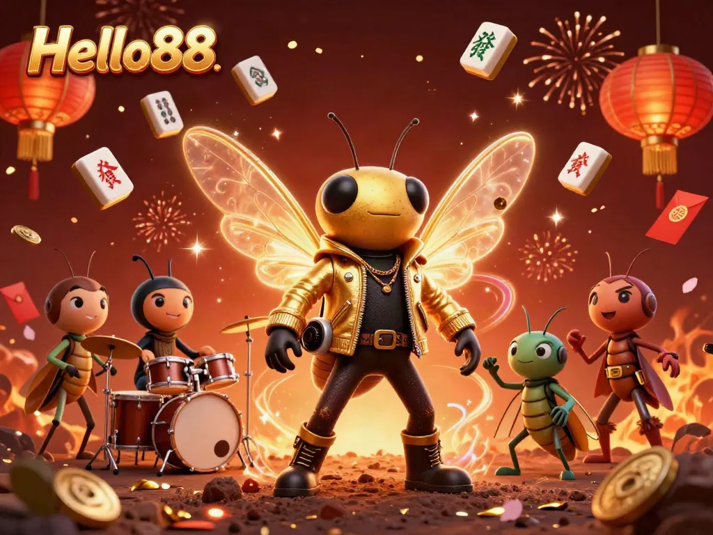 Experience exciting gameplay at Hello88 with our vibrant 3D illustration featuring a rock star cicada.
