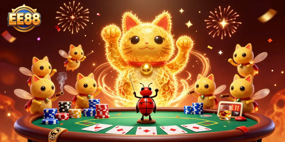 Experience EE88's thrilling casino atmosphere with vibrant fireflies and a lucky cat.
