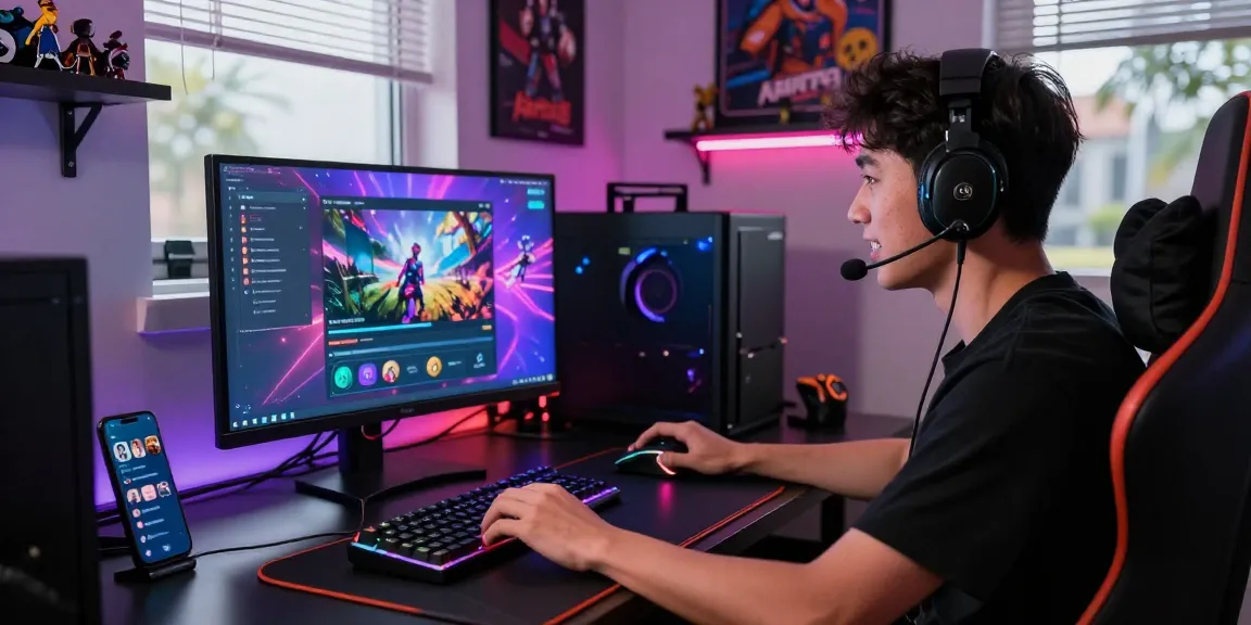 Engaged gamer at a modern setup exploring harta88's vibrant interface, with colorful peripherals and collectibles.