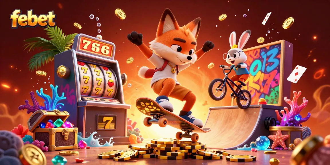 Experience the thrilling action of febet with a vibrant 3D casino scene showcasing fun characters and exciting games.
