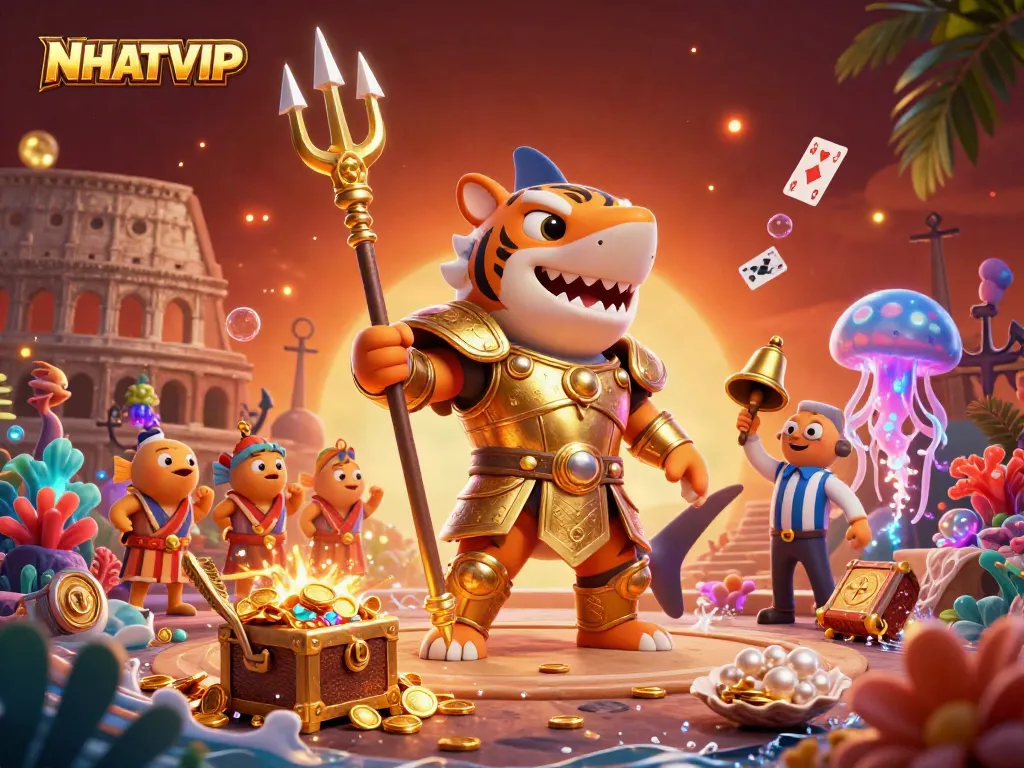 Experience NHATVIP's thrilling underwater casino with a dynamic scene filled with excitement and treasure.