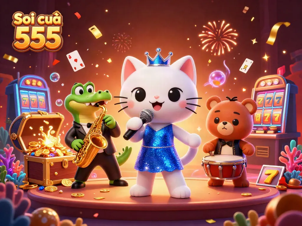 Soi cầu 555 showcasing a lively casino atmosphere with characters featuring a jazz-singer cat, saxophonist crocodile, and drummer bear