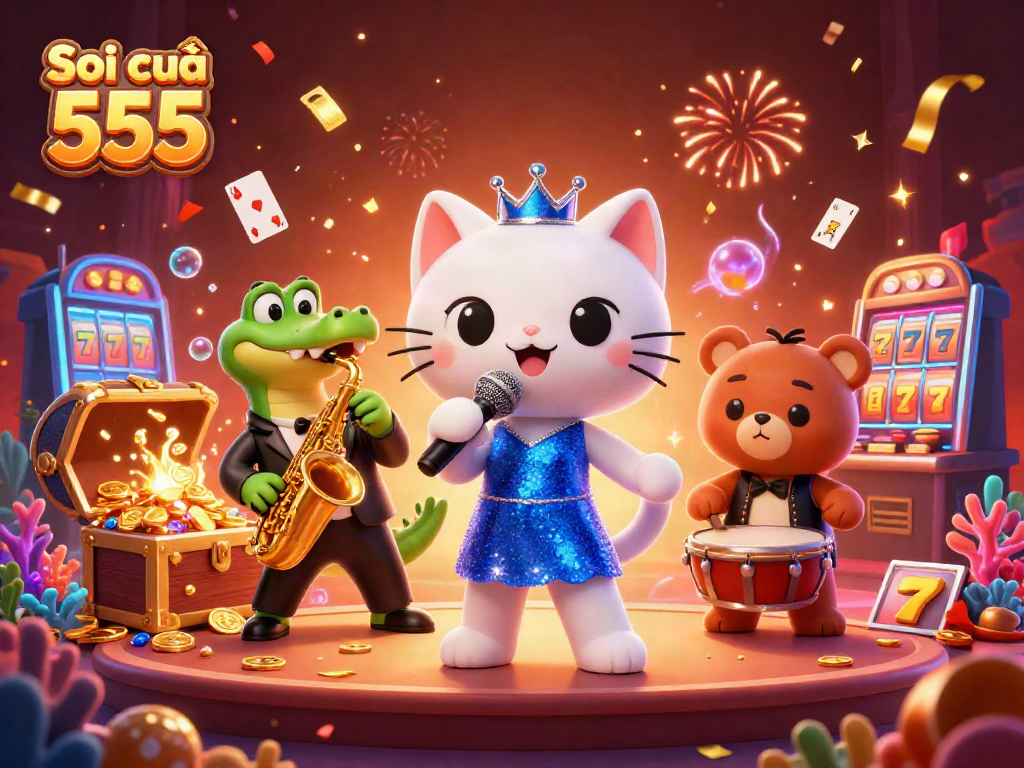 Soi cầu 555 showcasing a lively casino atmosphere with characters featuring a jazz-singer cat, saxophonist crocodile, and drummer bear