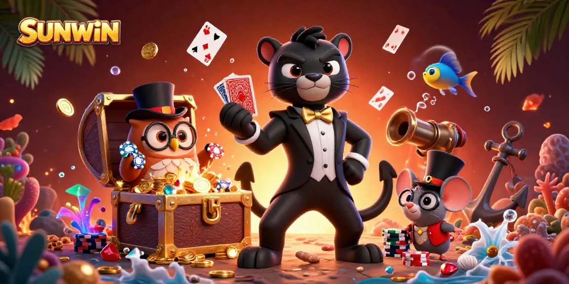 SUNWIN casino scene: a tuxedo-wearing black panther deals cards with a top-hat owl and a lucky mouse among treasures and vibrant casino elements.