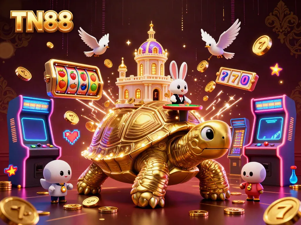 Engage with TN88's vibrant gaming world featuring a golden tortoise casino scene with slot reels.
