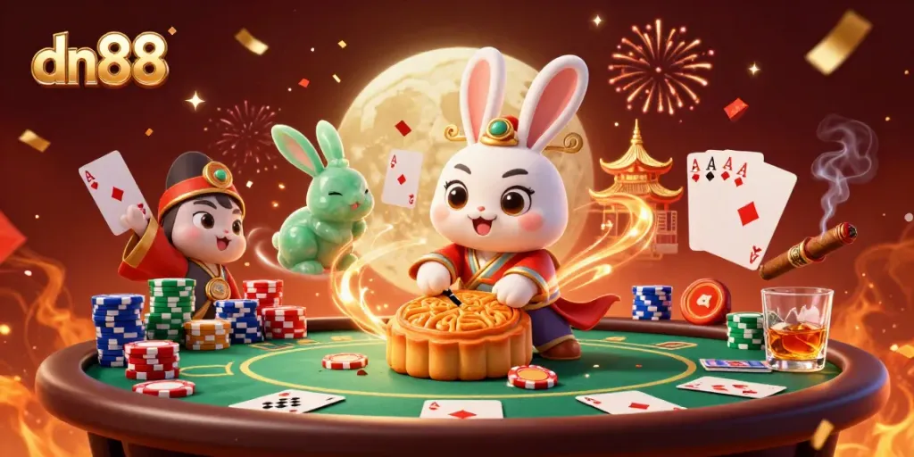 Play exciting casino games with dn88's vibrant illustration featuring poker chips and captivating scenes.