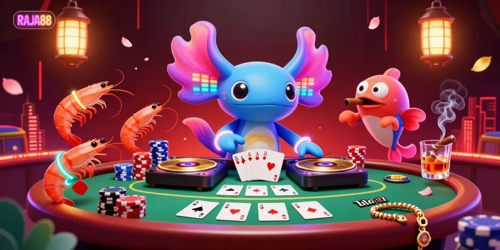 Experience the vibrant RAJA88 casino scene with a neon axolotl DJ, poker elements, and underwater party atmosphere.